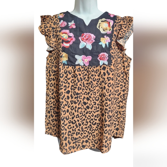 Floral Embroidered Leopard Print Top - Picture 5 of 5
